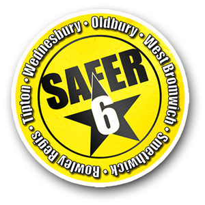 Logo for Safer 6 campaign showing the text Safer 6 and with the number 6 on a star and the six town names of Sandwell around the edge: Oldbury, Rowley Regis, Smethwick, Tipton, Wednesbury, West Bromwich