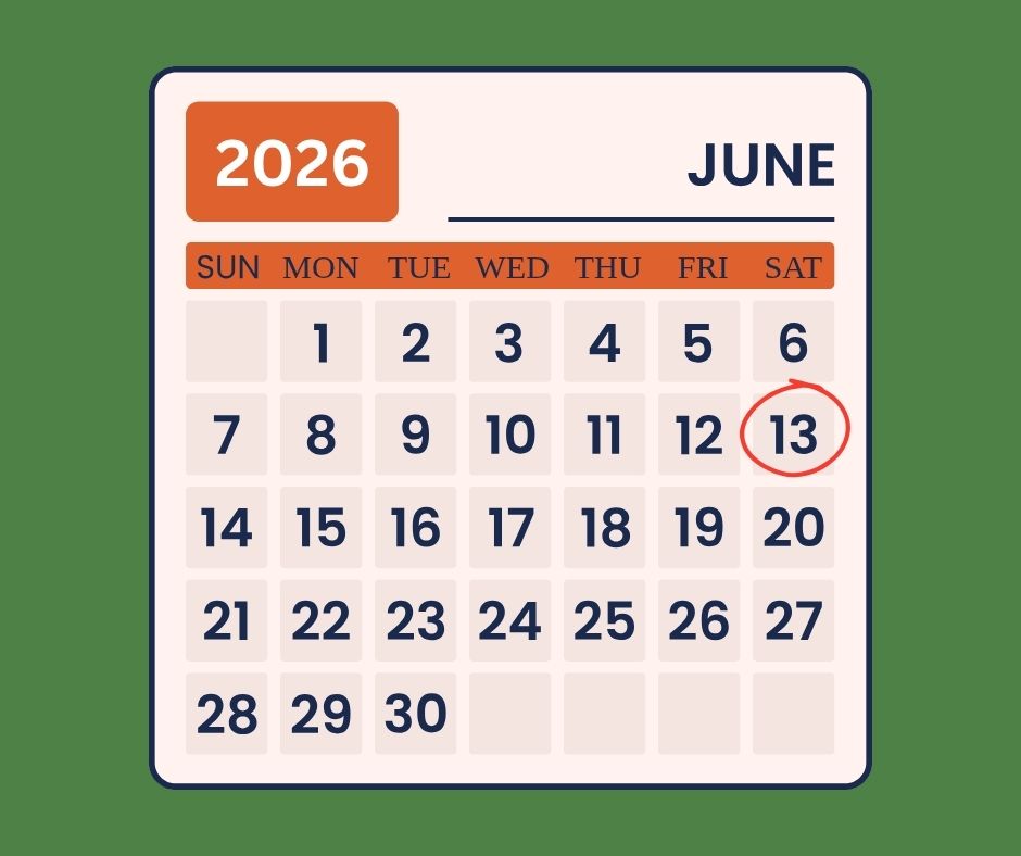 Graphic of a calendar with 13 June circled.
