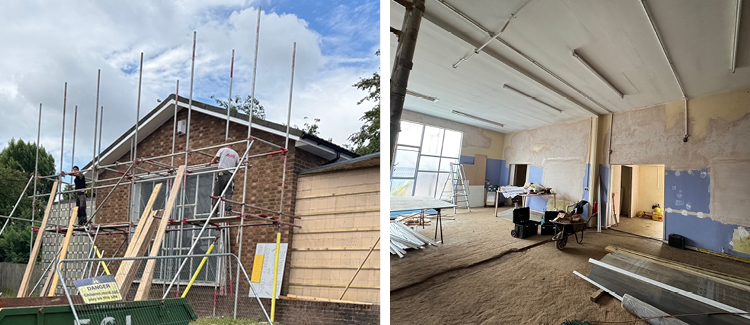 Two image banner of external and internal repair works to a single storey brick building.