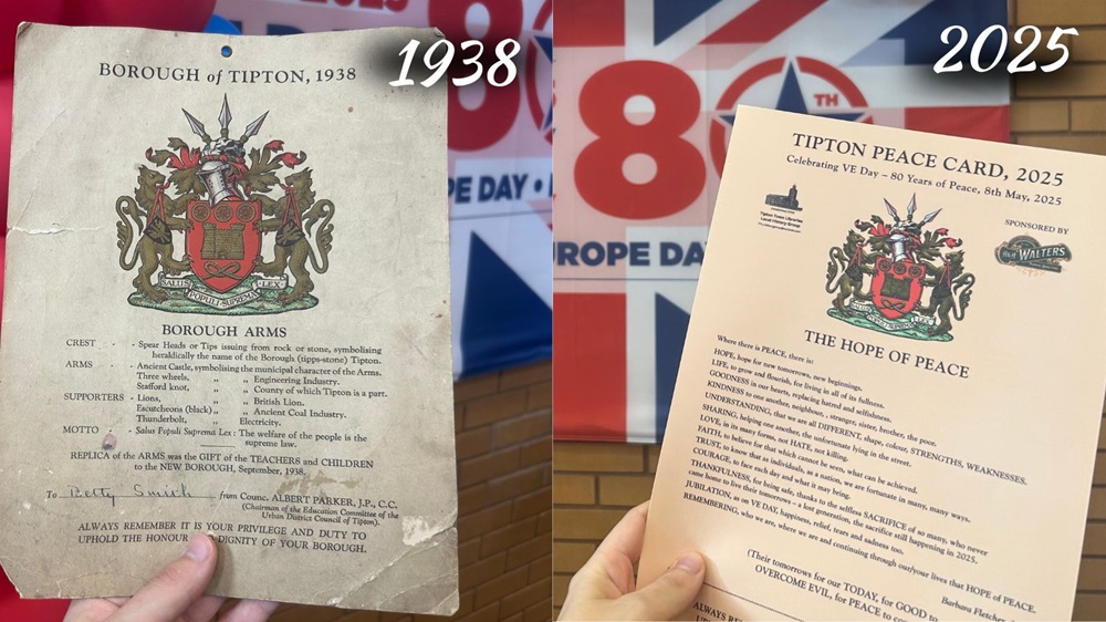 A comparison of the Tipton Borough Card from 1938 and the VE Day 80 Peace Card from 2025