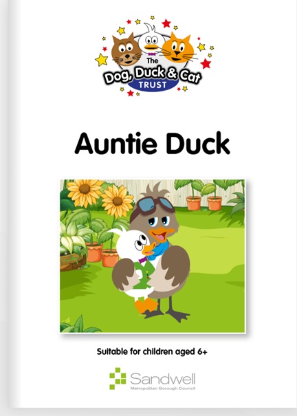 Image of front cover of Auntie Dook book with image of a cartoon duck in a garden
