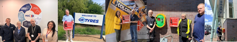 Collage banner of bleed kit and defibrillator installations across Sandwell, donated by businesses