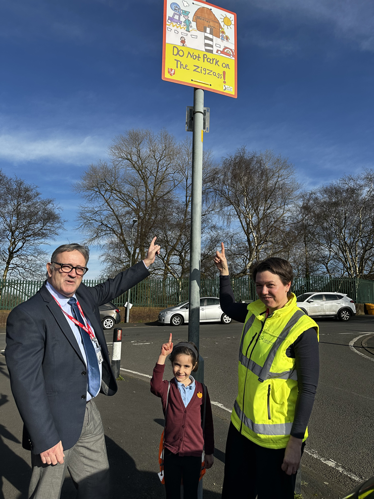 Brandhall Primary competition winner with Cllr Allcock and Road Safety Officer Louise Bodlovic
