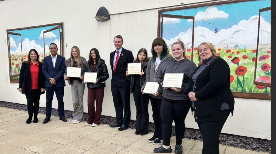 Sandwell Councillors officially unveil a new piece of artwork created by local young people, now proudly displayed in the courtyard at Caf&eacute; Crem, Sandwell Valley Crematorium
