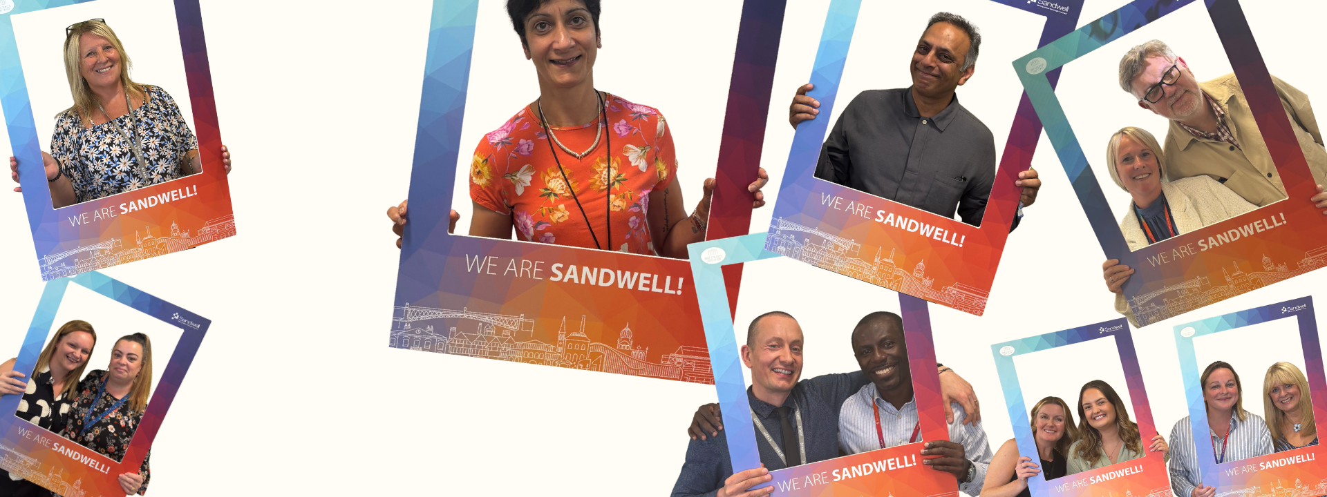 Adult social care staff montage holding 'We are Sandwell' signs.