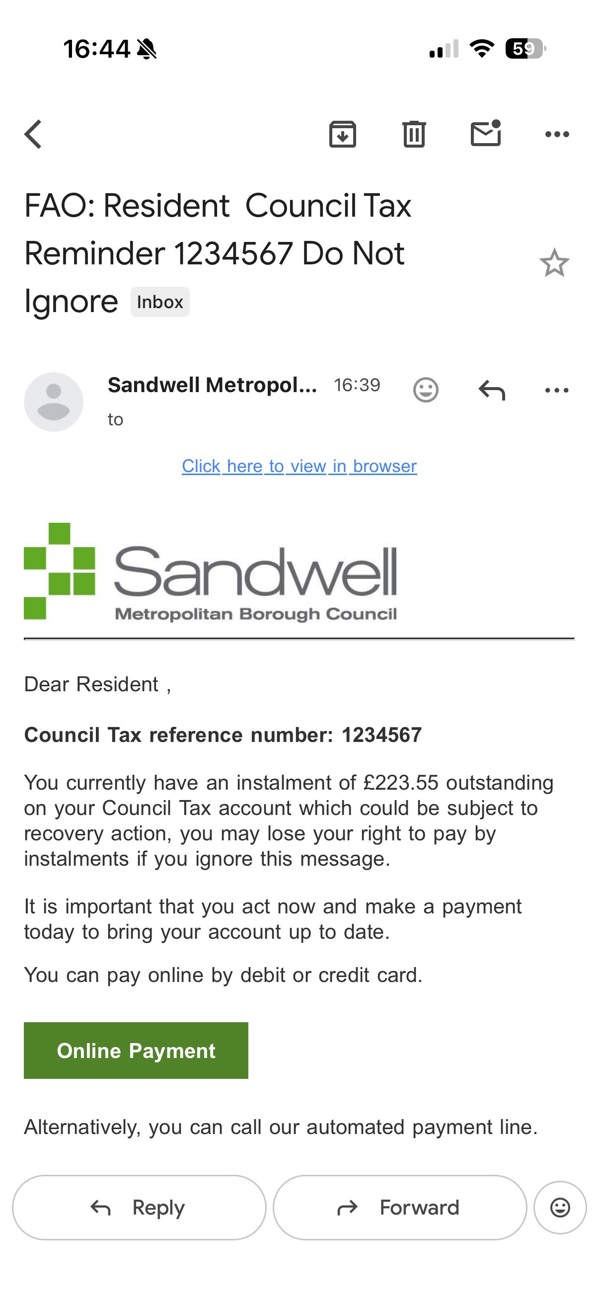 Example of Council Tax email