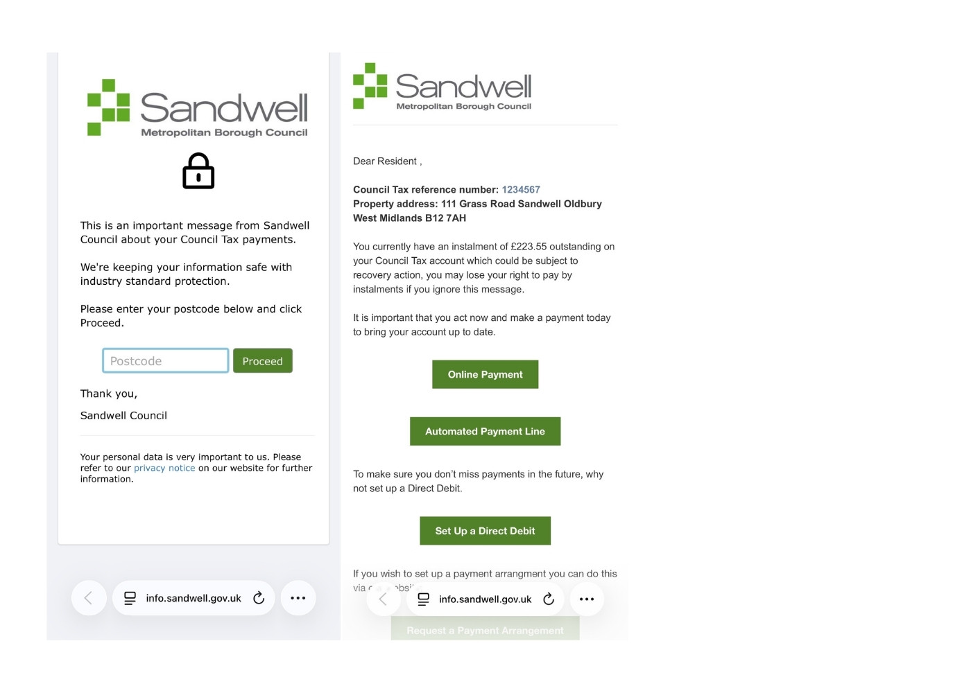 Example of Council Tax genuine alert payment screen