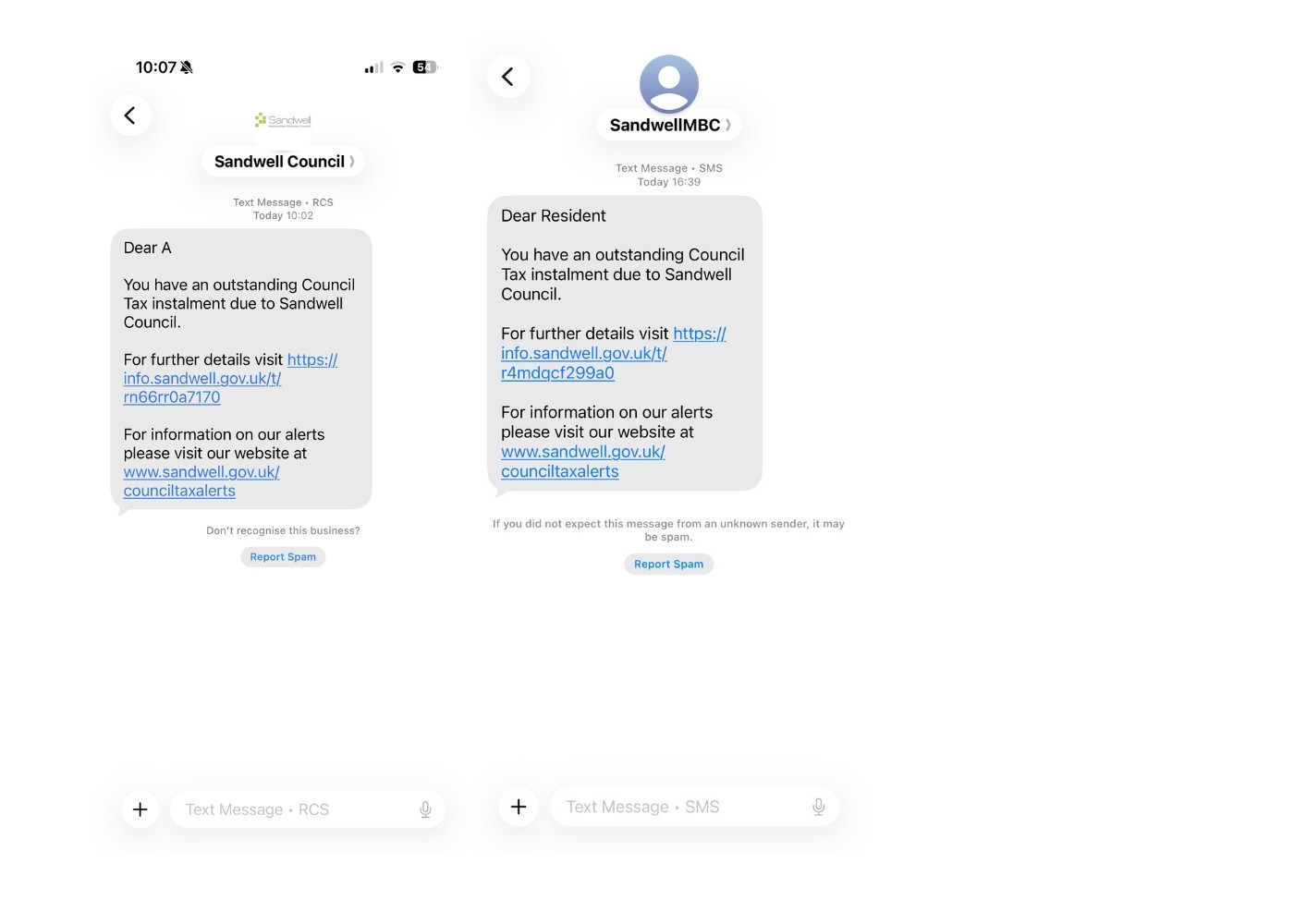 Example of genuine Council Tax alert text messages