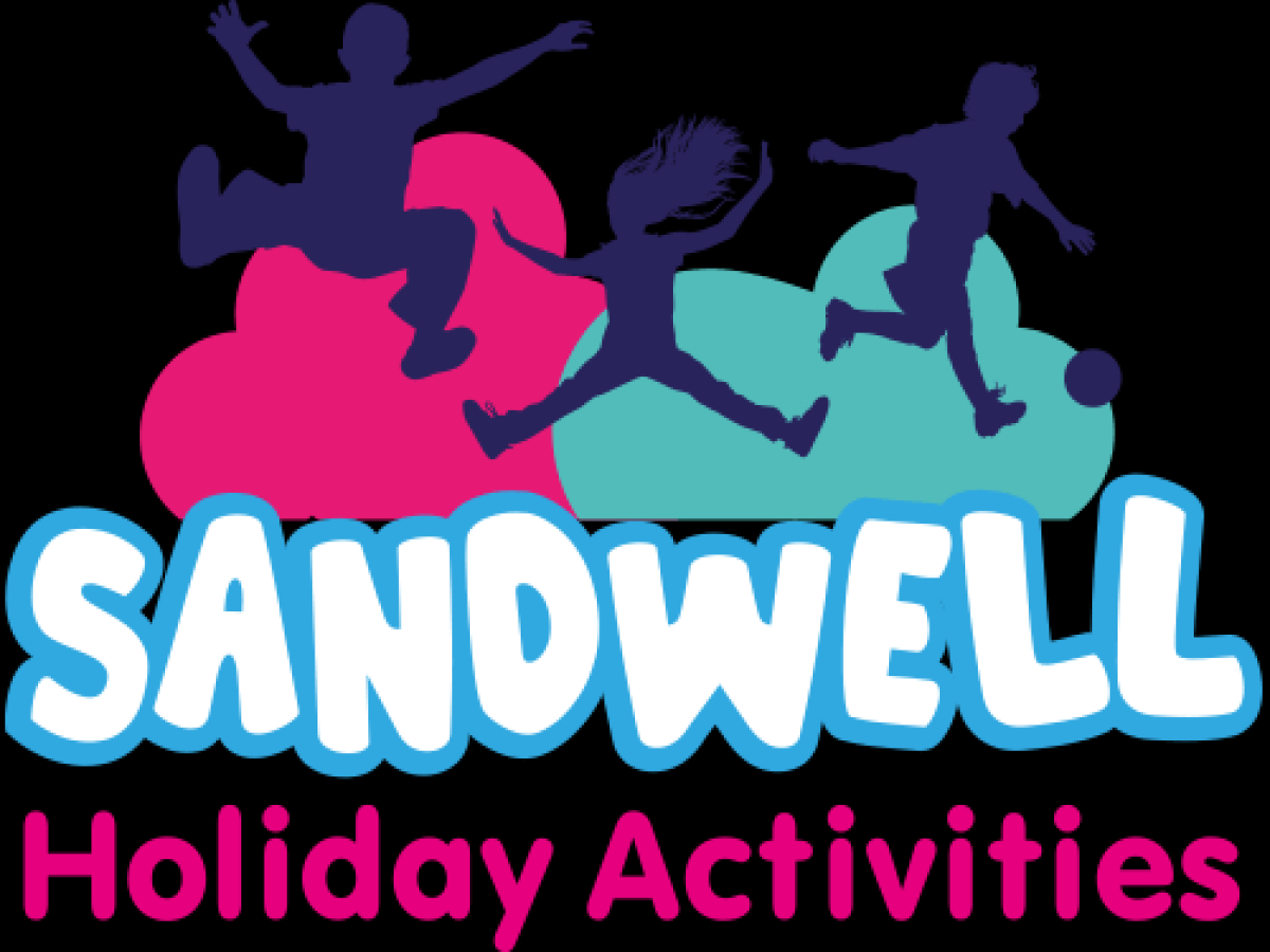Logo of Sandwell Holiday Activities with the words and images of 3 children in silhouette playing