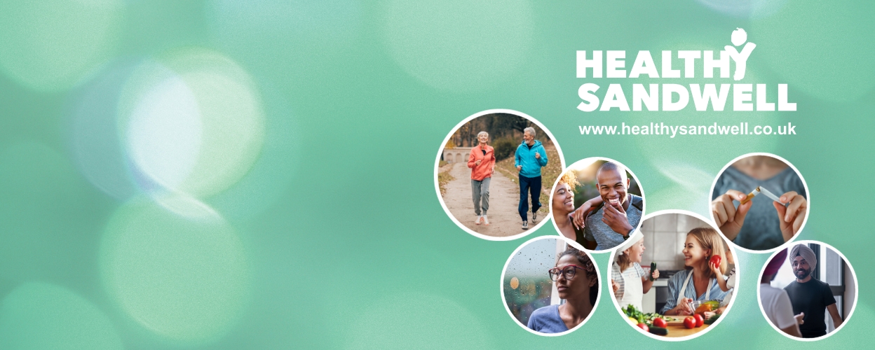 Healthy Sandwell logo with various images of people enjoying living healthier lifestyles