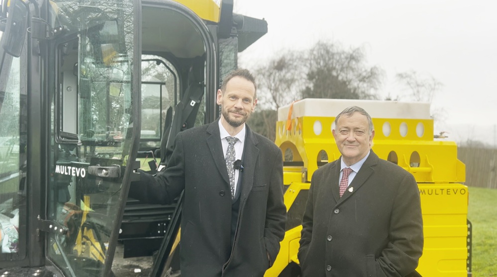 Minister for Roads at the Department for Transport Simon Lightwood MP and Councillor Keith Allcock with the Multihog on National Pothole Day