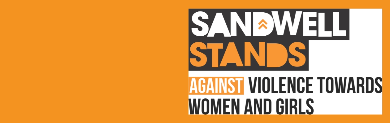 Sandwell Stands against violence towards women and girls - logo white, black and orange