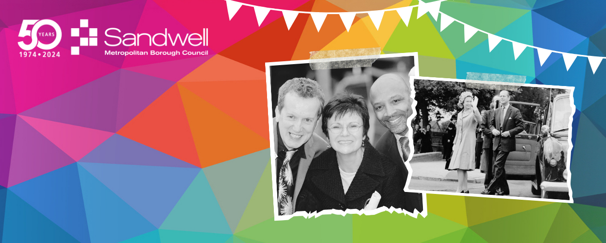 Sandwell 50 graphic with image of Frank Skinner, Julie Walters and Cyrille Regis