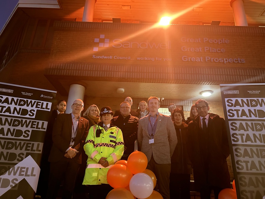 White Ribbon Day 2025, lighting up Sandwell Council House orange at the start of the 16 Days of Action #SandwellStands