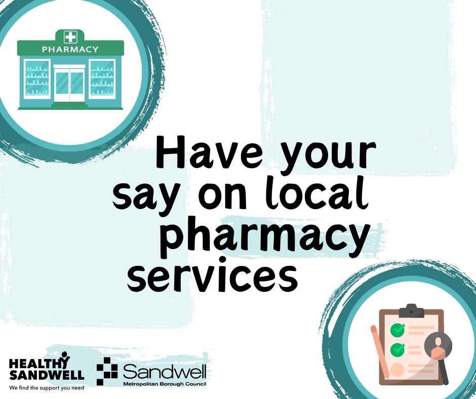 Have your say on local pharmacy services - graphic with image of pharmacy and a survey, Healthy Sandwell and Sandwell Council logos