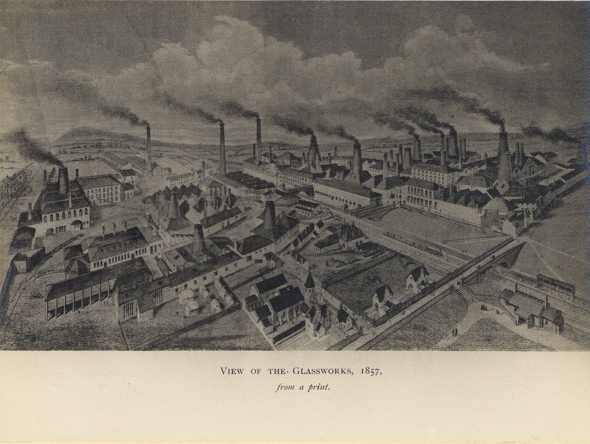 Print of the Chance Brothers Glass Works, Spon Lane, Smethwick, c.1857. Catalogue reference: PHS/1741. Artist unknown.